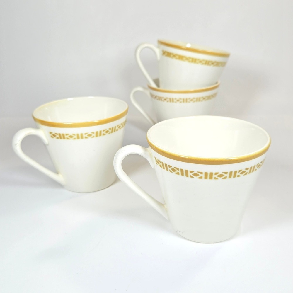 Vintage Syracuse Syralite Honeycomb Coffee Cups 4 Gold Yellow Greek Key USA MCM